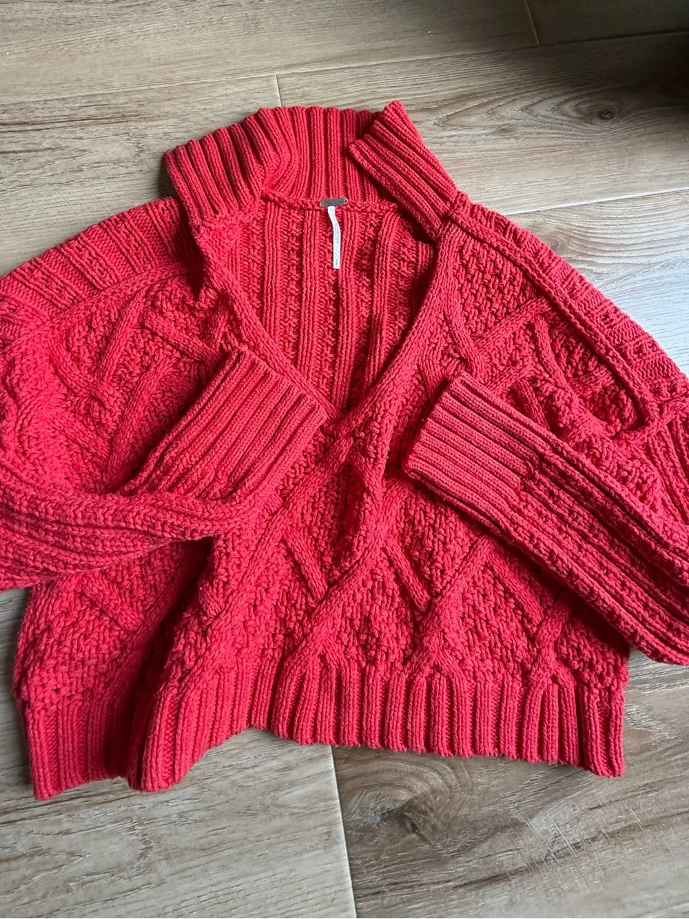 Free People Women's Red Cable Knit V-Neck Sweater